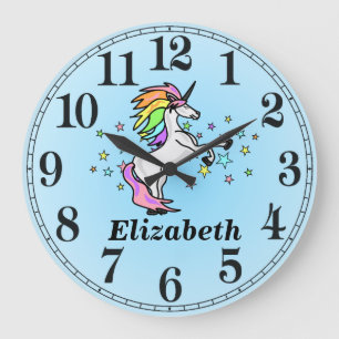 Blue Rainbow Unicorn and Name Große Wanduhr