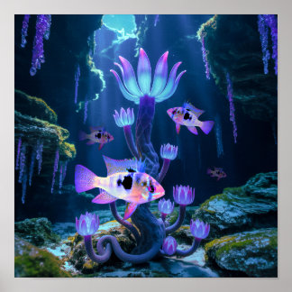 Blue Ram Cichlids Fantasy Surreal Aquarium Fisch Poster