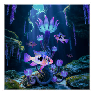 Blue Ram Cichlids Fantasy Surreal Aquarium Fisch Poster