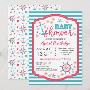 Blue & Raspberry Red Nautical Baby Dusche Einladung