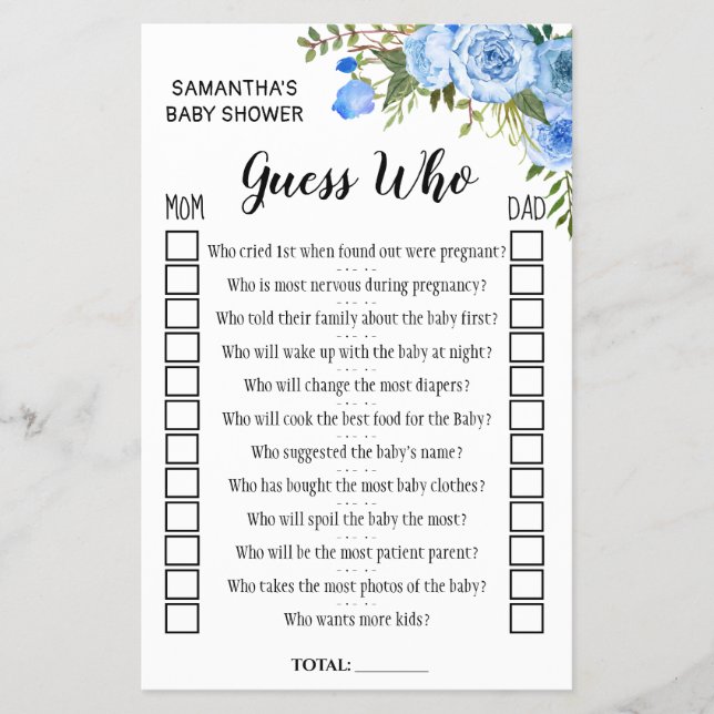 Blue Ratet wer Baby duscht zweisprachige Spielkart Flyer (Vorne)