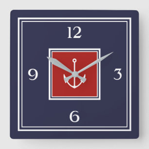 Blue Red Anchor Square Wall Clock Quadratische Wanduhr