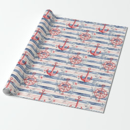 Blue Red Anchors Floral Stripes Beach Birthday Geschenkpapier