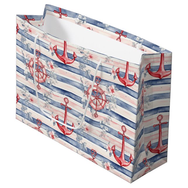 Blue Red Anchors Floral Stripes Beach Birthday Große Geschenktüte (Vorderseite Schrägansicht)