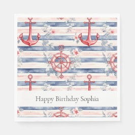 Blue Red Anchors Floral Stripes Beach Birthday Serviette