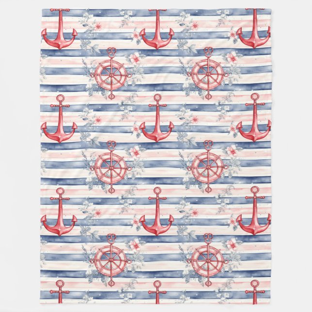 Blue Red Anchors Floral Stripes Beach  Fleecedecke (Vorderseite)