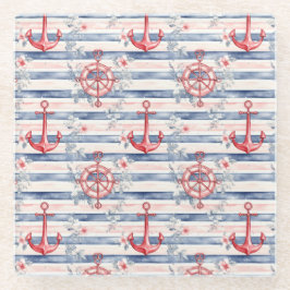 Blue Red Anchors Floral Stripes Beach  Glasuntersetzer