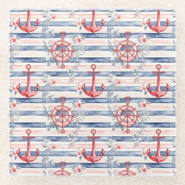 Blue Red Anchors Floral Stripes Beach  Glasuntersetzer (Vorderseite)