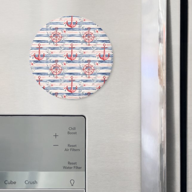 Blue Red Anchors Floral Stripes Beach  Magnet (In Situ (Kühlschrank))