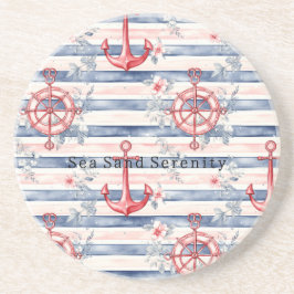 Blue Red Anchors Floral Stripes Beach Ocean Getränkeuntersetzer