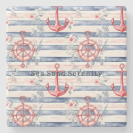 Blue Red Anchors Floral Stripes Beach Ocean Steinuntersetzer