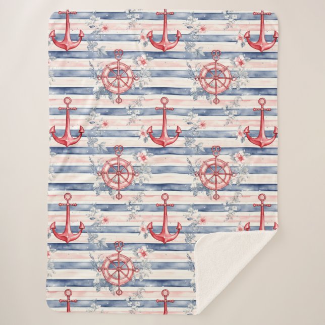 Blue Red Anchors Floral Stripes Beach  Sherpadecke (Vorderseite)