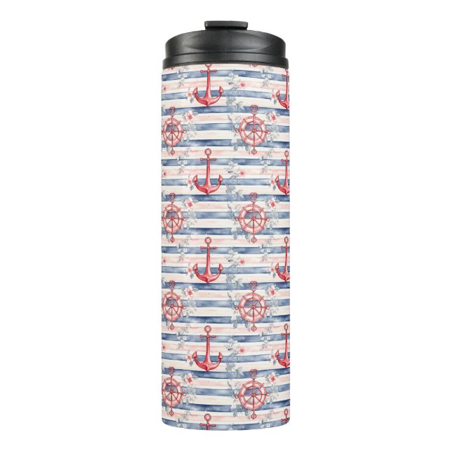 Blue Red Anchors Floral Stripes Beach  Thermosbecher (Vorderseite)