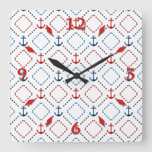 Blue, Red anchors, Marine Quadratische Wanduhr