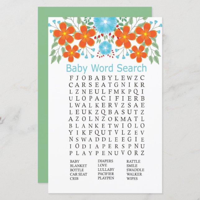 Blue Red Blume Baby Dusche Word Search Game (Vorne/Hinten)