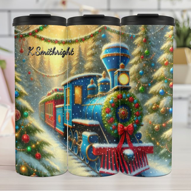 Blue Red Festive Train Ornament Forest Thermosbecher (Von Creator hochgeladen)