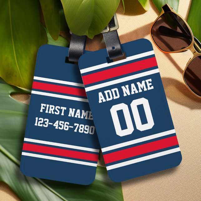 Blue Red Football Jersey Individuelle Name Number Gepäckanhänger (Personalized Sports Luggage Tag - Football Jersey Theme)