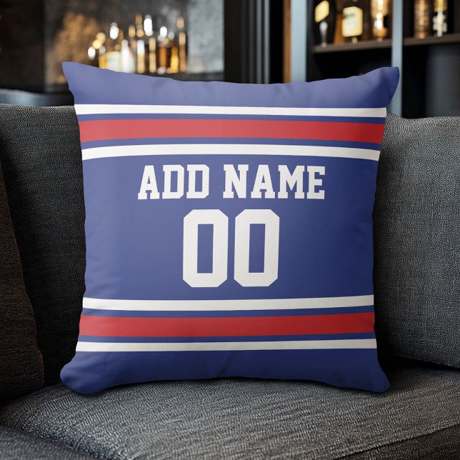 Blue Red Football Jersey Individuelle Name Number Kissen (Custom Sports Pillow for a Man Cave)
