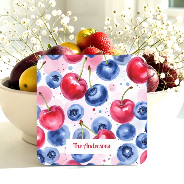 Blue Red Fruit Food Pattern Berry Cherry Rechteckiger Pappuntersetzer (Von Creator hochgeladen)