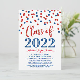 Blue Red Glitzer Confetti Graduation Party 2022 Einladung