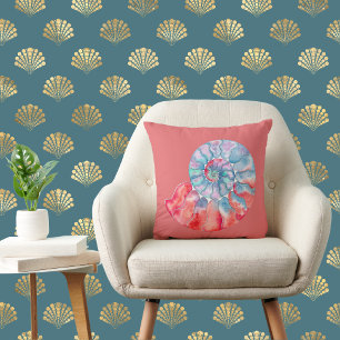 Blue Red Gray Nautilus auf Coral Kissen