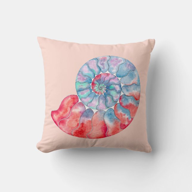 Blue Red Gray Nautilus auf Light Peach Kissen (Vorderseite)