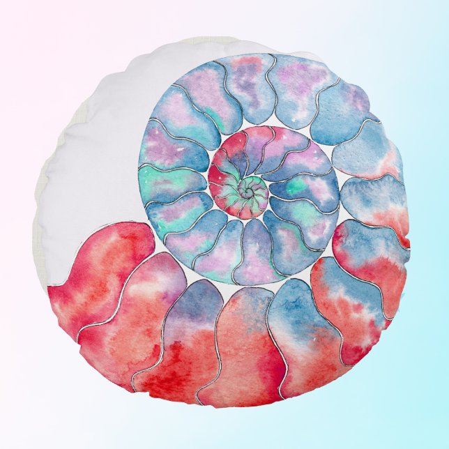 Blue Red Gray Nautilus auf Off-White Hintergrund Rundes Kissen (Von Creator hochgeladen)