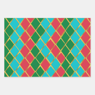Blue Red Green Gold Diamond Muster Geschenkpapier Set