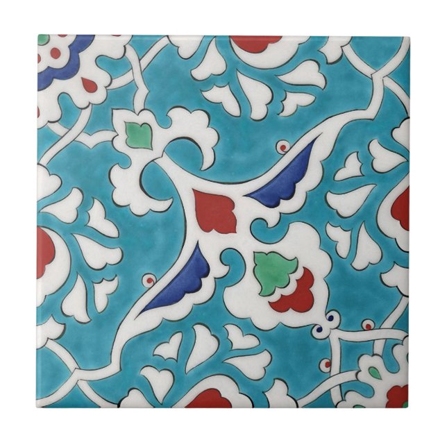 Blue Red Green White Azulejo Pattern Fliese (Vorderseite)