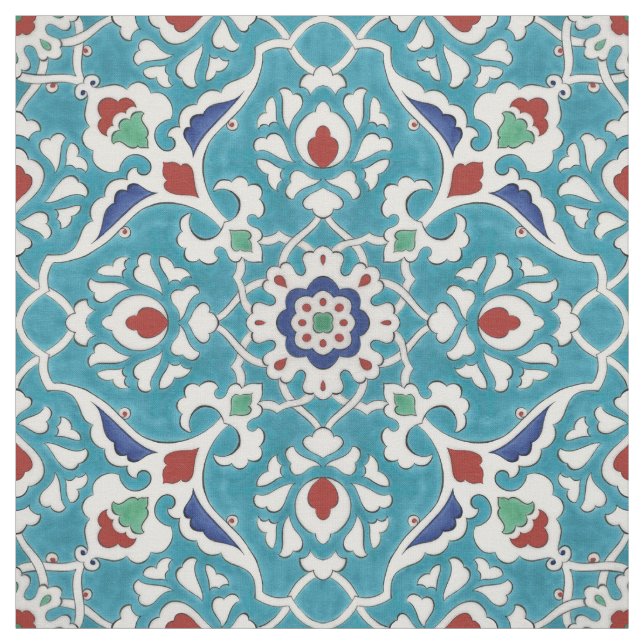 Blue Red Green White Azulejo Pattern Stoff (Muster)