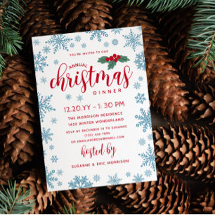 Blue Red Holly Snowflakes Weihnachtsfest Einladung