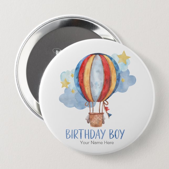 Blue Red Hot Air Ballon Stars Happy Birthday Boy Button (Vorne & Hinten)