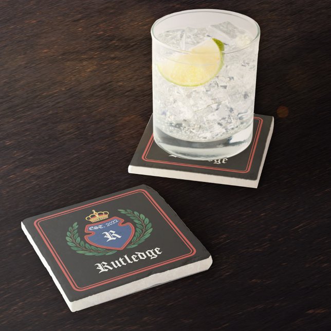 Blue Red Mit Monogramm Wappen Crown Laurel Wreath Steinuntersetzer (Von Creator hochgeladen)