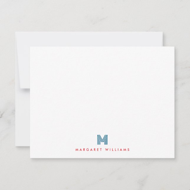 Blue Red Modern Art Deco Monogram Personalisiert Mitteilungskarte (Vorderseite)