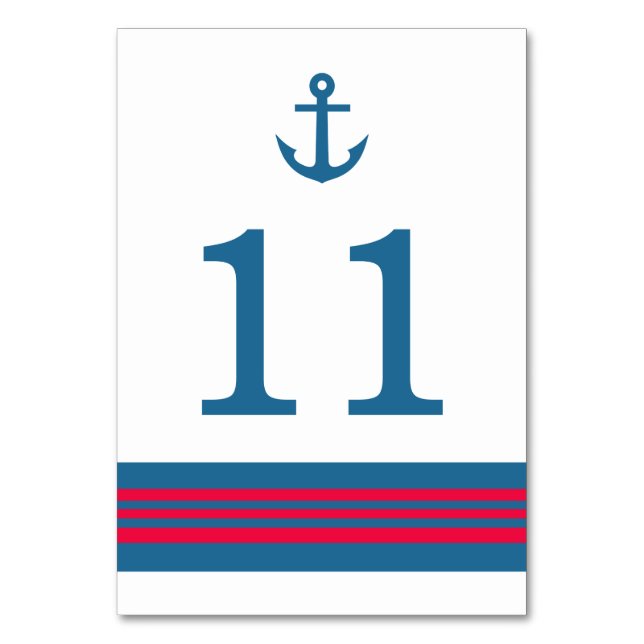 Blue Red Nautic Anchor Table Card Tischnummer (Vorderseite)