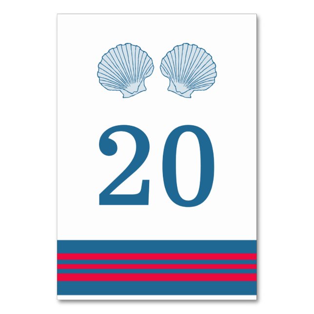 Blue Red Nautic Seashells Table Card Tischnummer (Vorderseite)