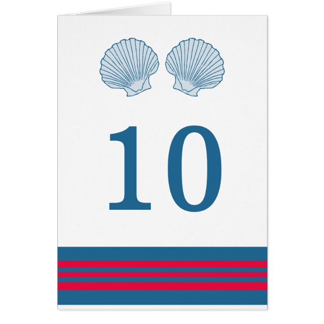 Blue Red Nautic Seashells Tischnummer Card (Vorne)