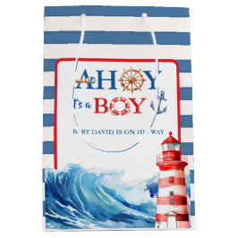 Blue Red Nautical Ahoy Boy Lighthouse Baby Shower Mittlere Geschenktüte