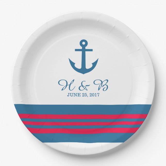 Blue Red Nautical Anchor Wedding Paper Teller (Vorderseite)