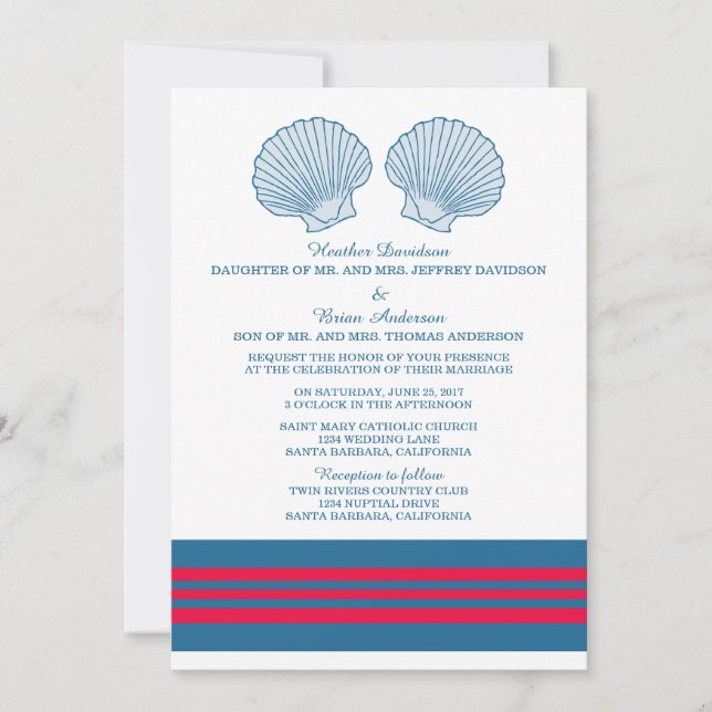 Blue Red Nautical Seashells Hochzeitsempfang Einladung (Vorderseite)