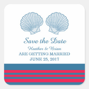 Blue Red Nautical Seashells Save the Date Quadratischer Aufkleber