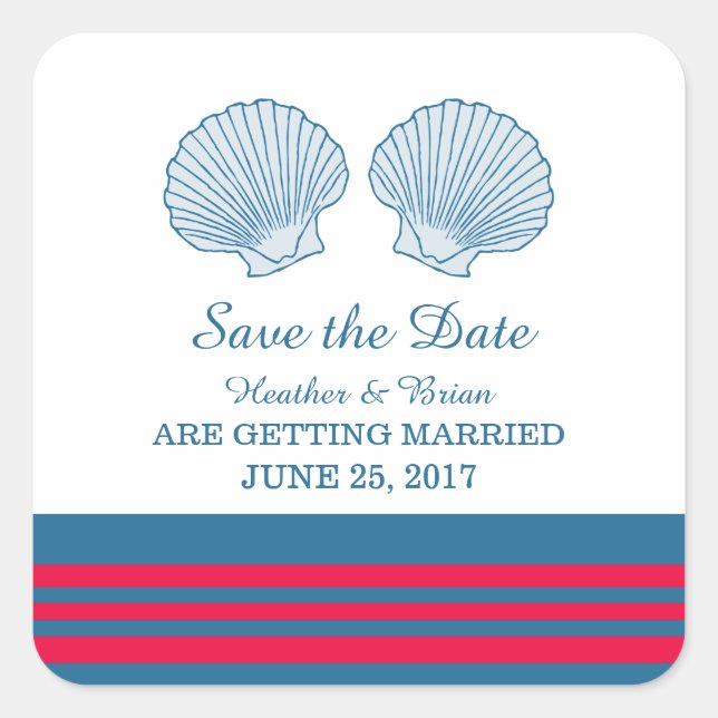 Blue Red Nautical Seashells Save the Date Quadratischer Aufkleber (Vorderseite)