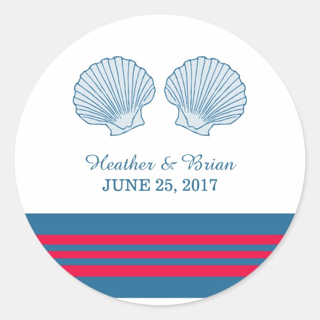 Blue Red Nautical Seashells Wedding Stickers (Vorderseite)