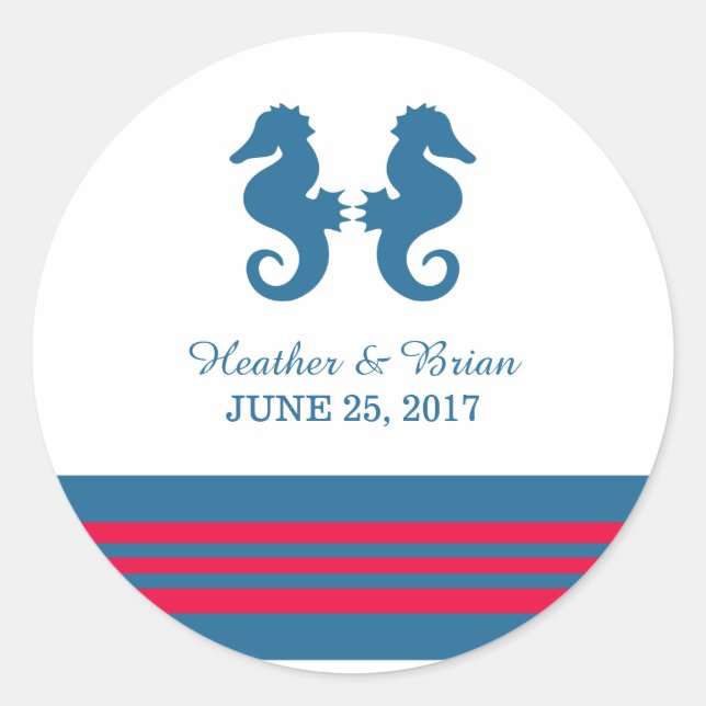 Blue Red Nautical Seepferd Wedding Stickers (Vorderseite)