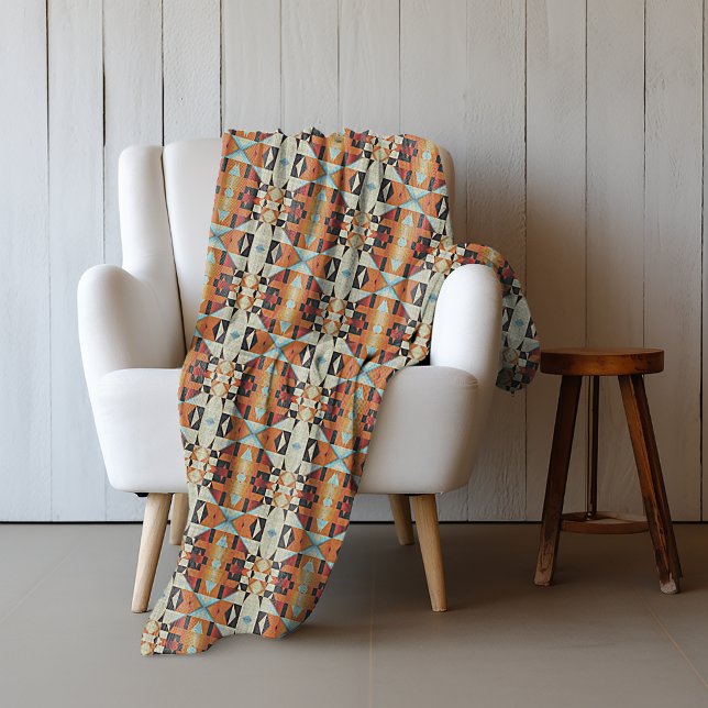 Blue Red Orange Taupe Brown Black Tribal Art Fleecedecke (Von Creator hochgeladen)