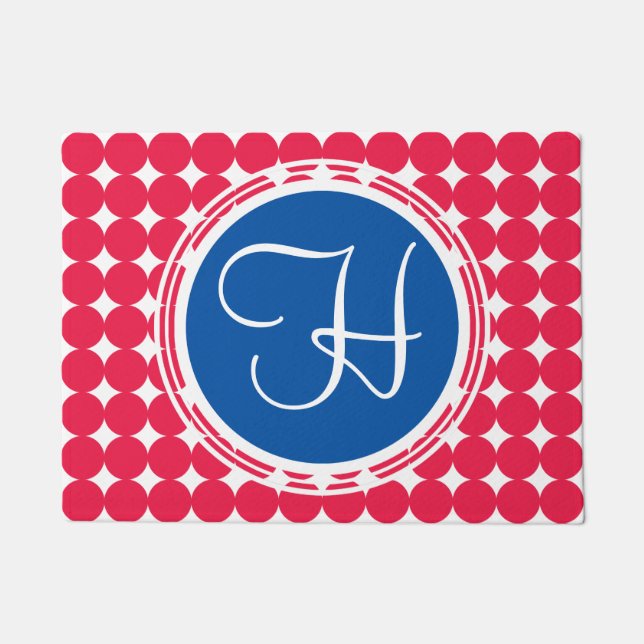 Blue & Red Polka Dot Monogram Fußmatte (Vorderseite)