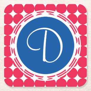 Blue & Red Polka Dot Monogram Rechteckiger Pappuntersetzer