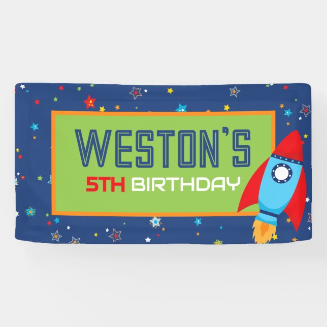 Blue & Red Rocket Weltraum Geburtstagsbanner Banner (Horizontal)