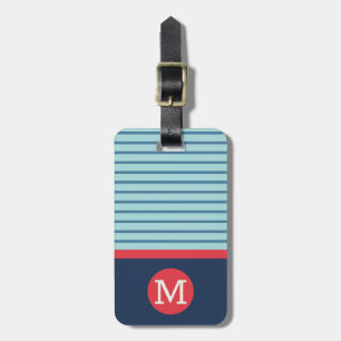 Blue Red Strip Monogram Name Address Luggage Tag Gepäckanhänger