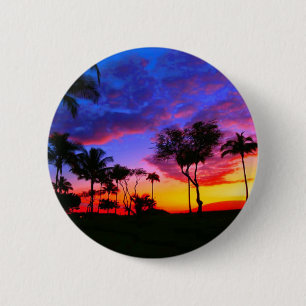 Blue Red Sunset Exotic Hawaiian Beach Palm Bäume Button